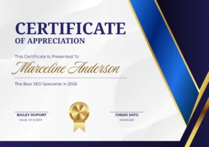 certificate of best SEO specialist in 2026 at haca